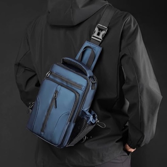 Blue Crossbody Sling Backpack Men Shoulder Strap Sling Bag USB Charger Port